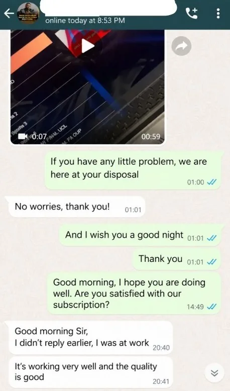 WhatsApp review from a Plima4K customer