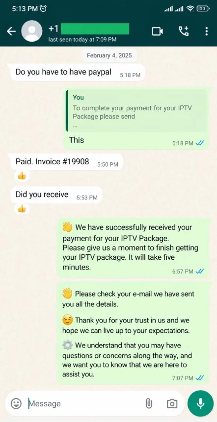 WhatsApp review from a Plima4K customer